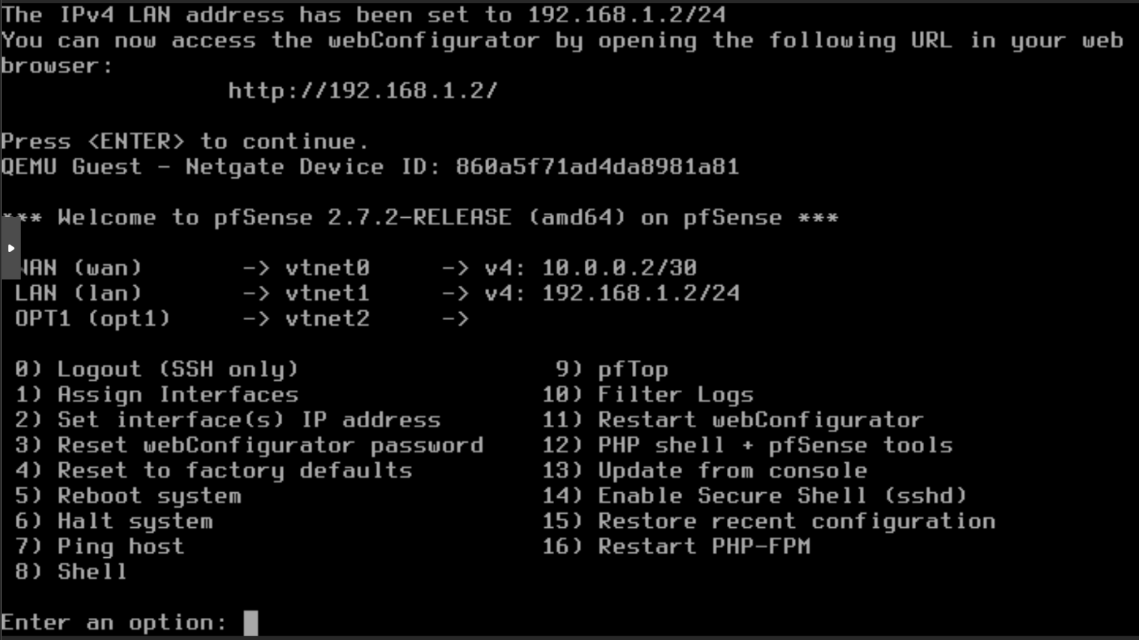 pfSense - Welcome page after configuration
