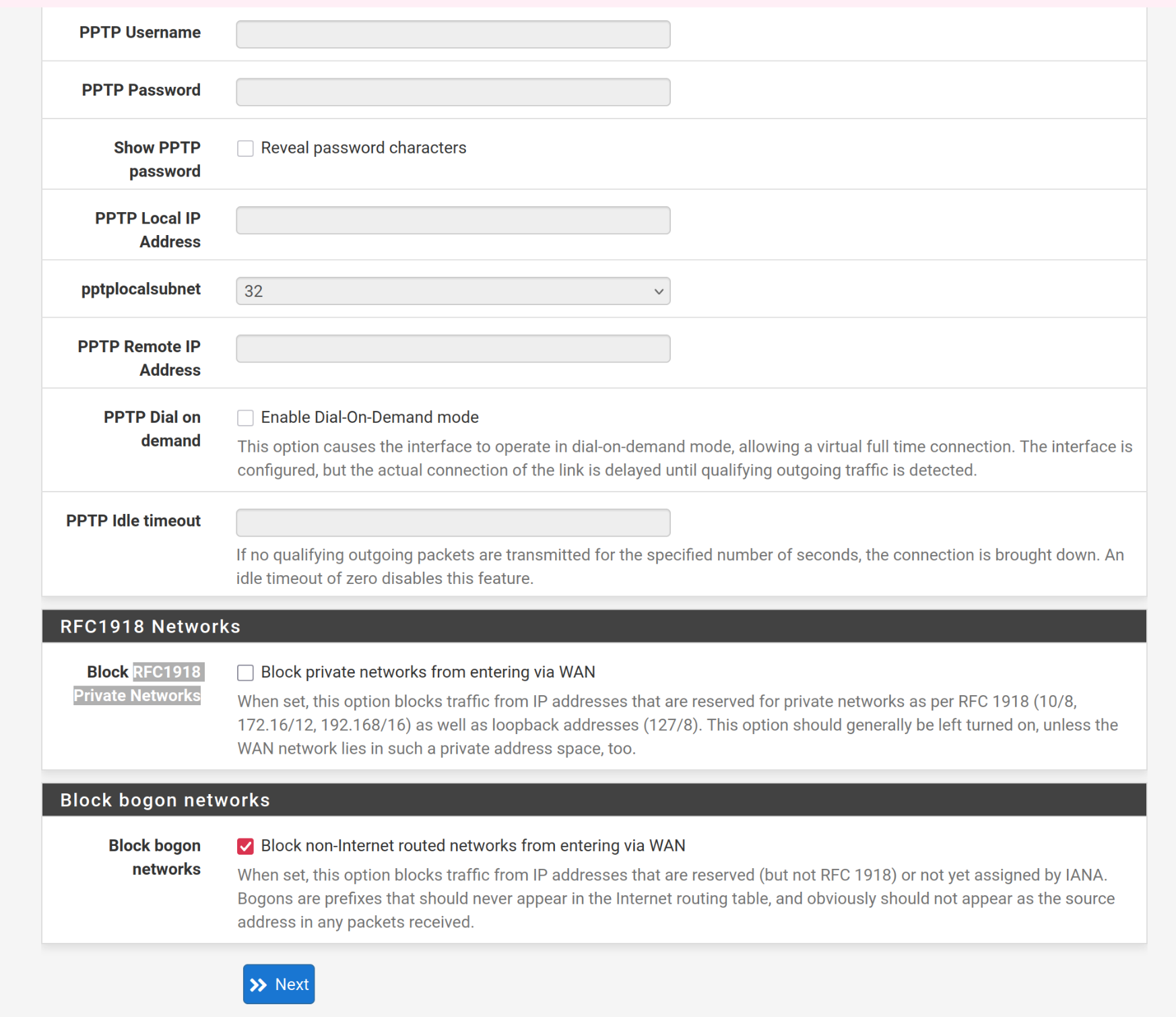 pfsense - Wizard setup - Block Bogon Networks