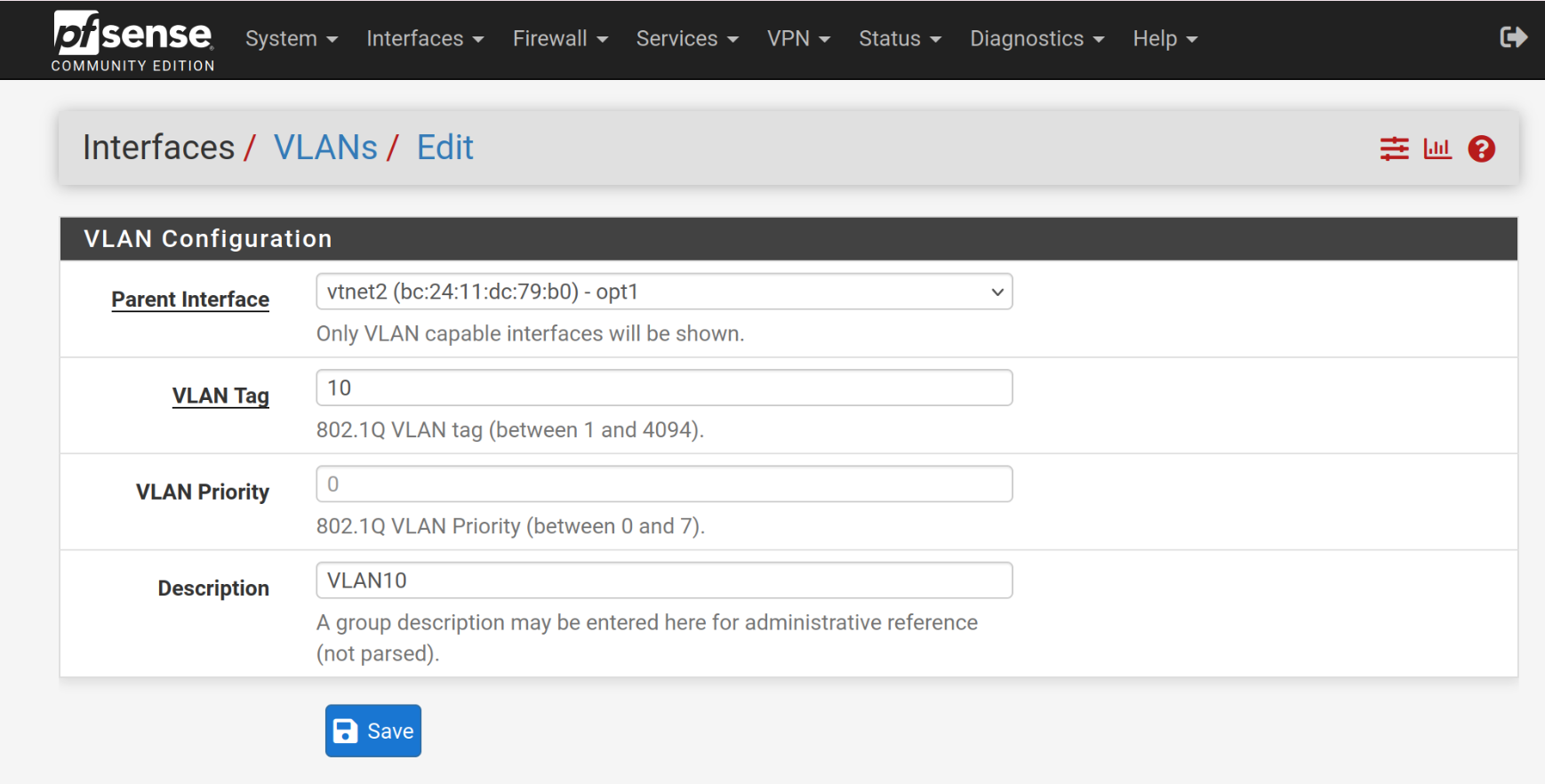 vlan10 interface setup
