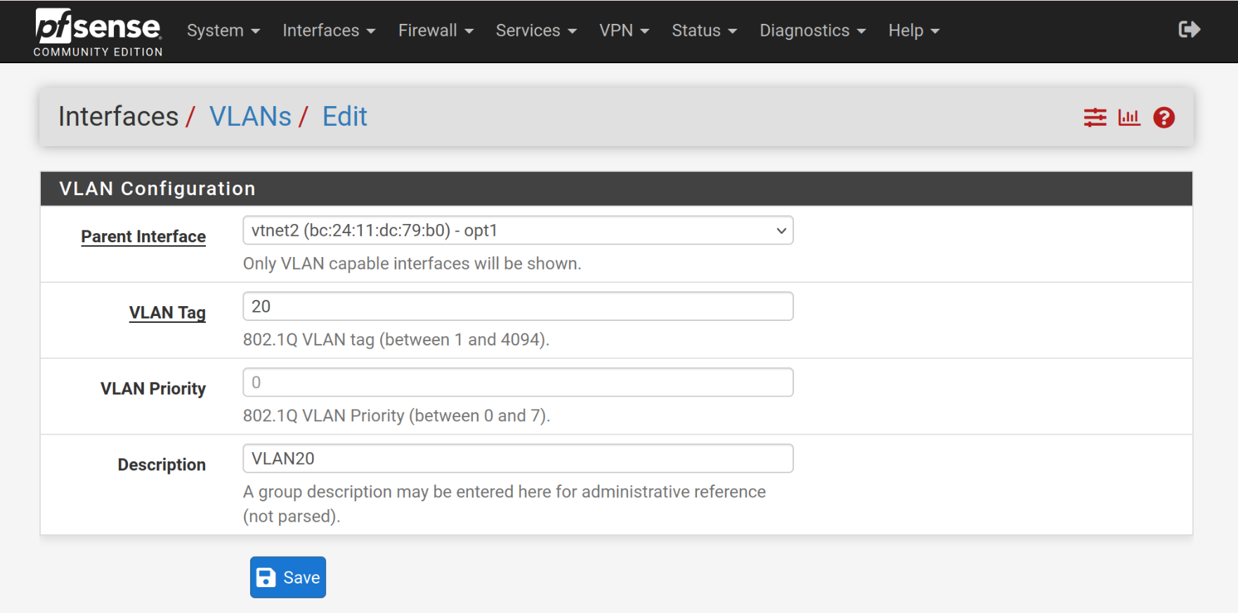 vlan20 interface setup