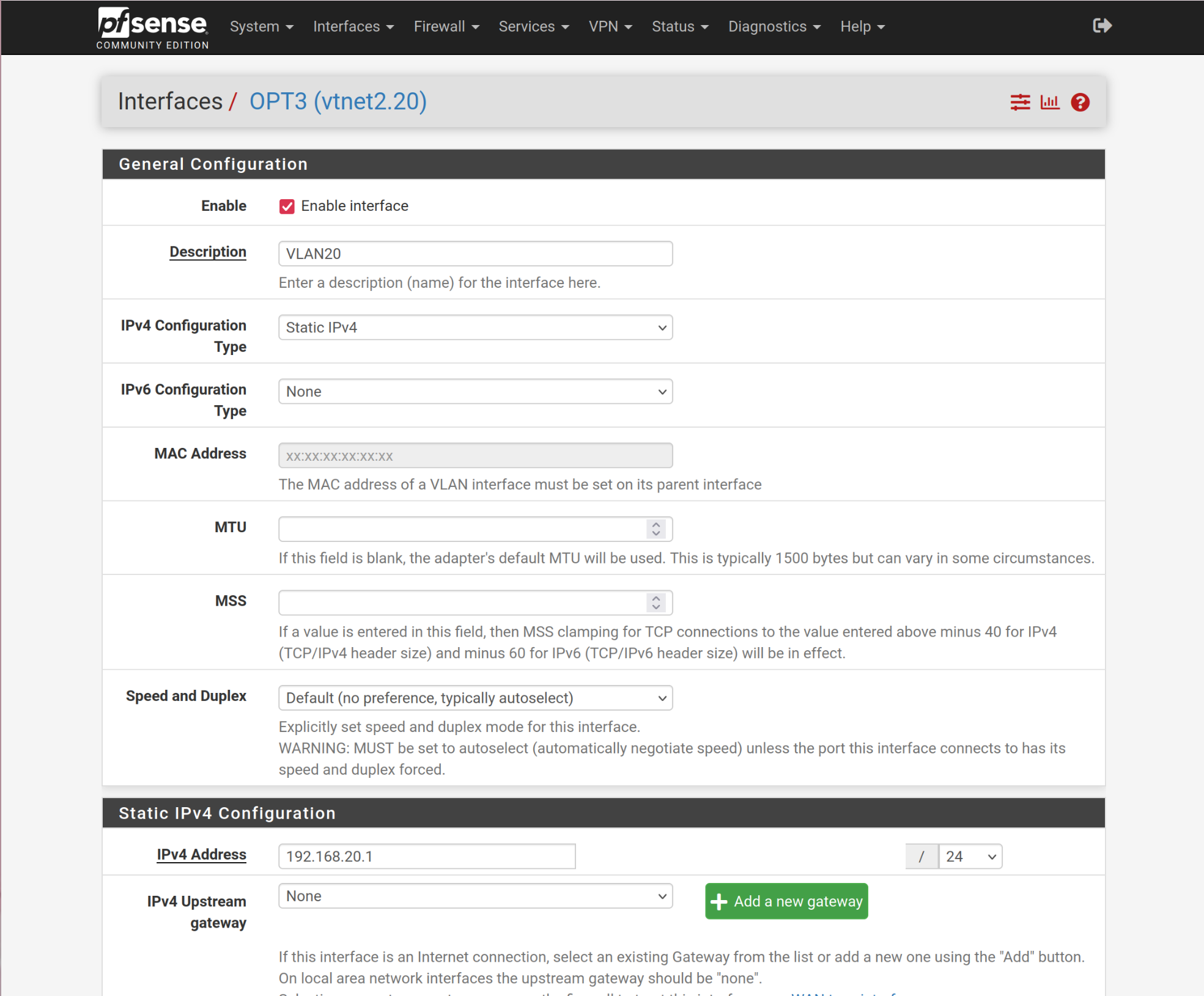 vlan20 - modify interface general configuration