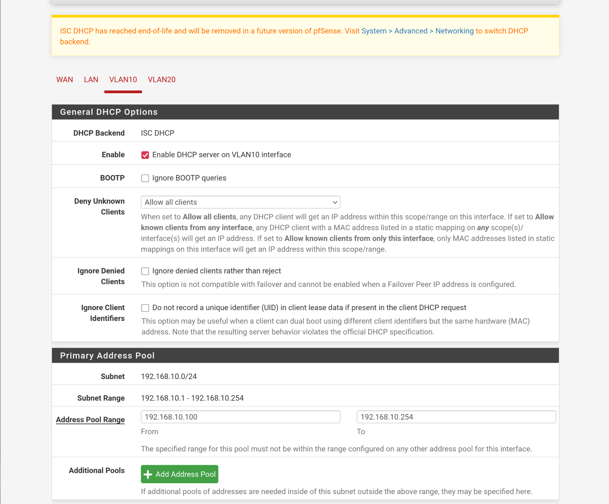 vlan20 - Set DHCP range
