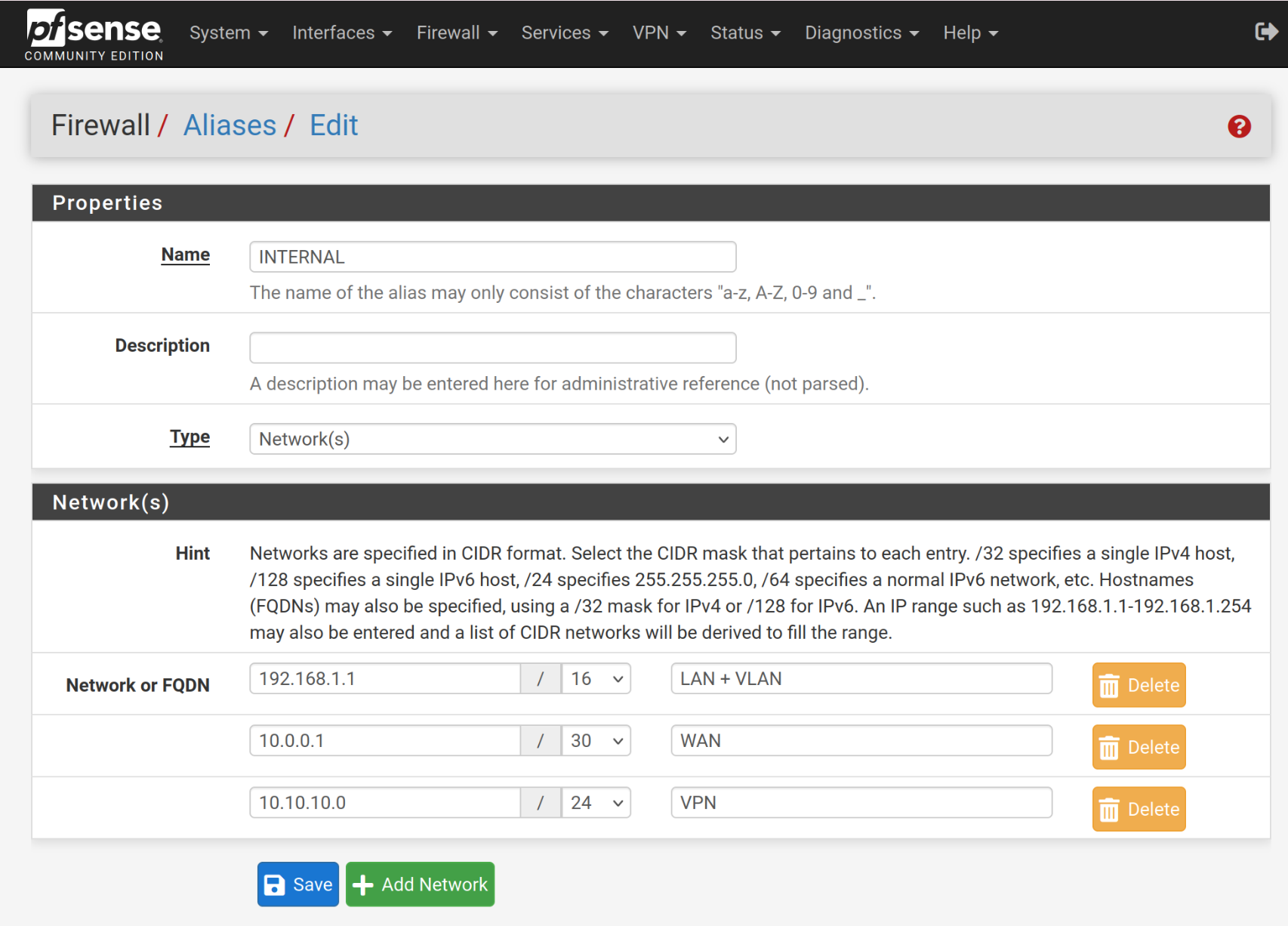 Create Internal alias for the firewall