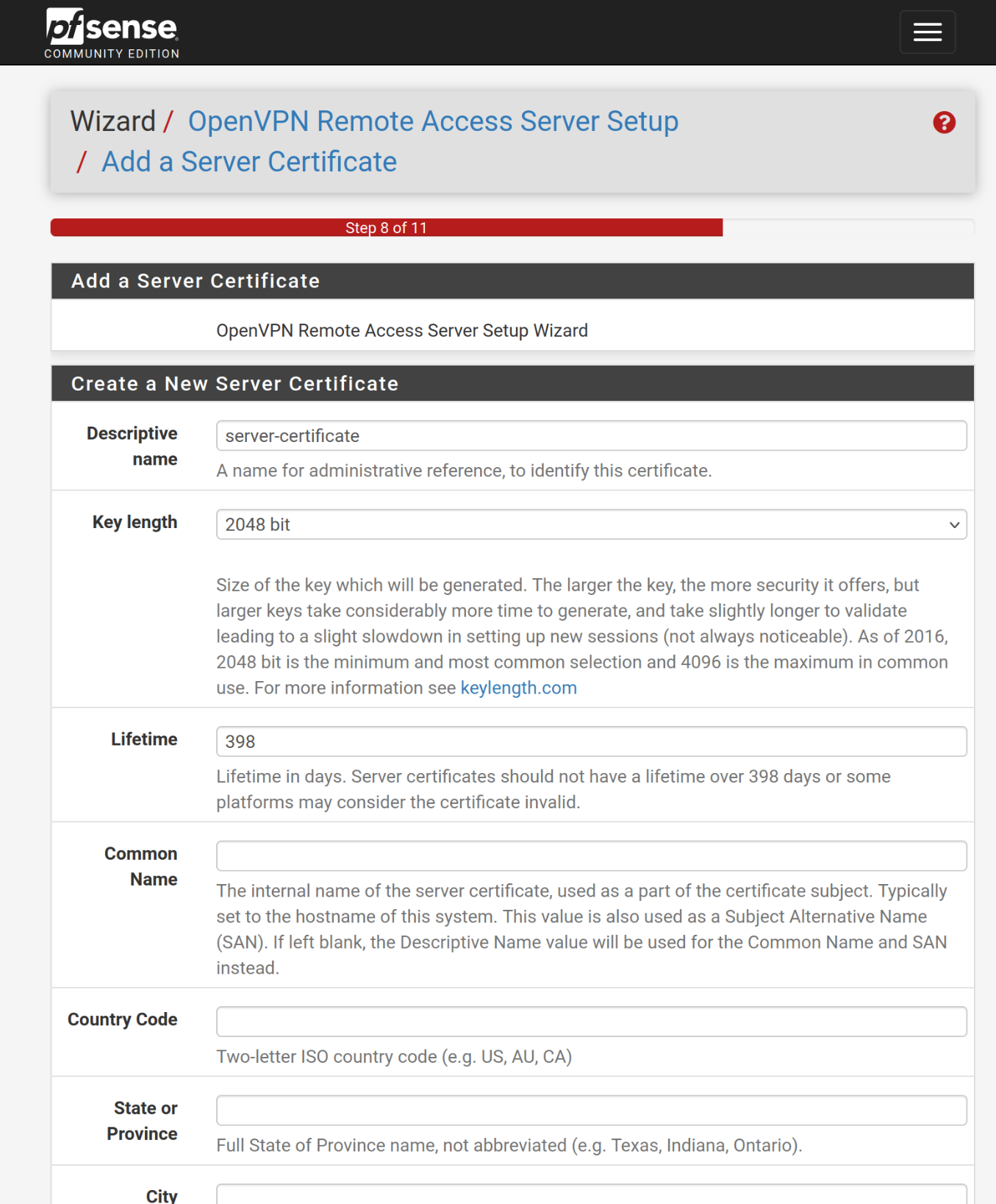 Configuration de l'assistant pfsense pour le certificat serveur