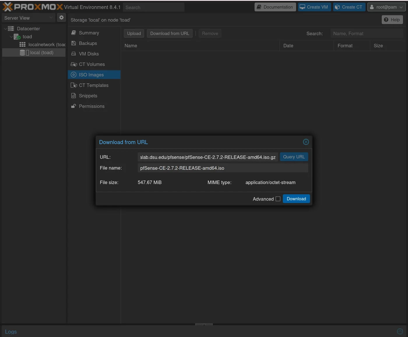 Proxmox request to download pfSense