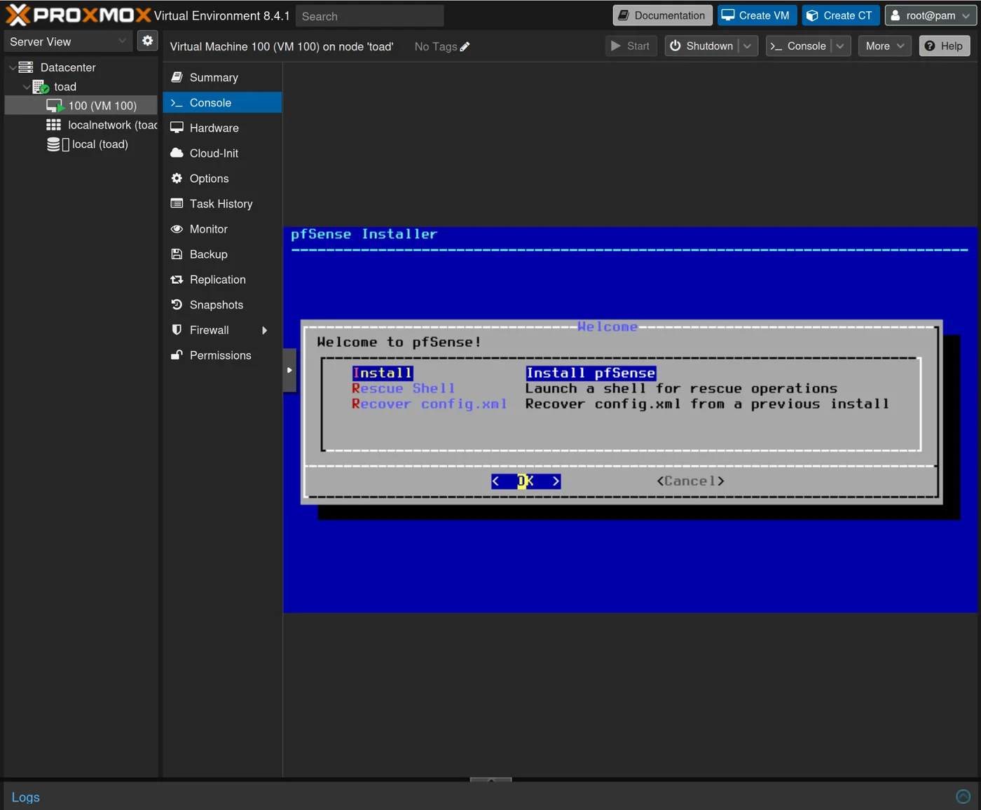 pfSense installer on Console