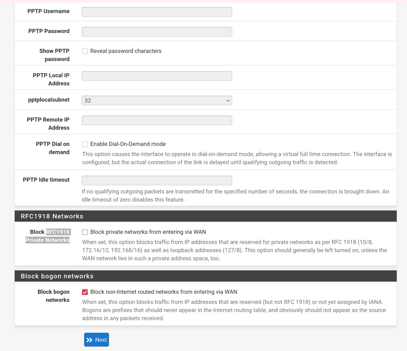 pfsense - Wizard setup - Block Bogon Networks