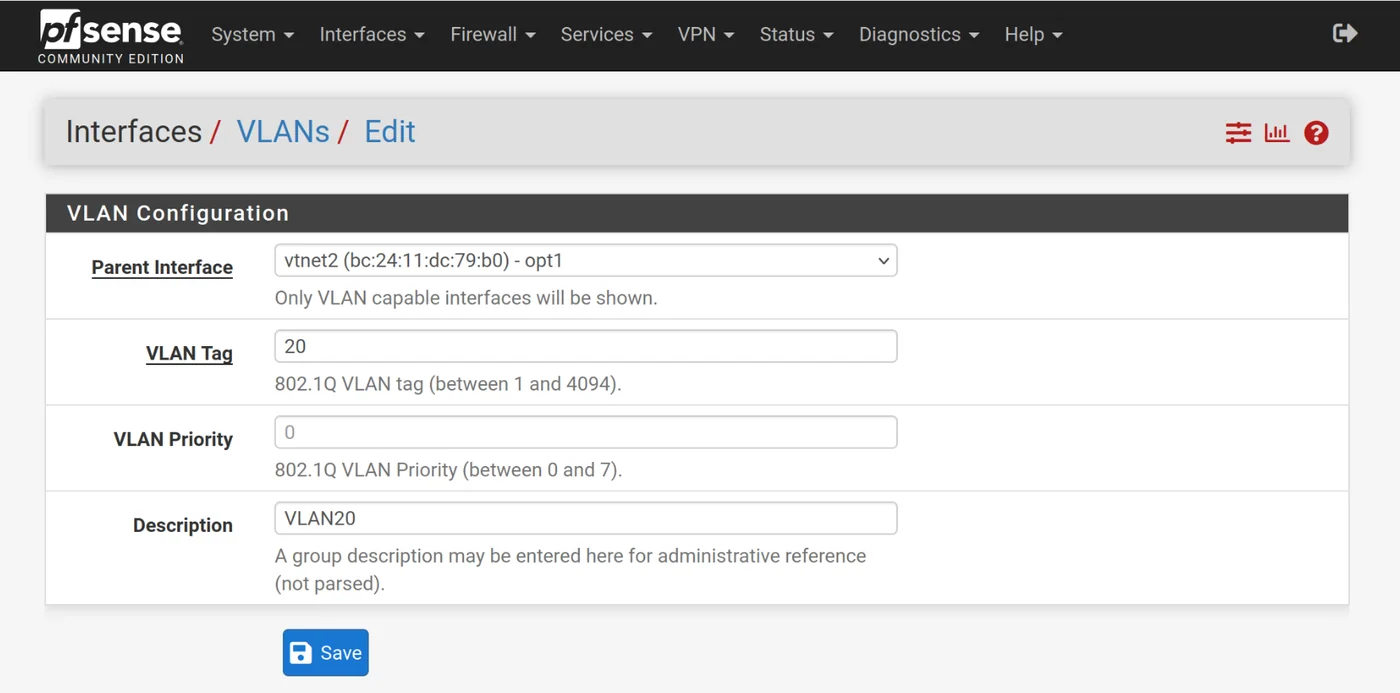 VLAN20 interface configuration