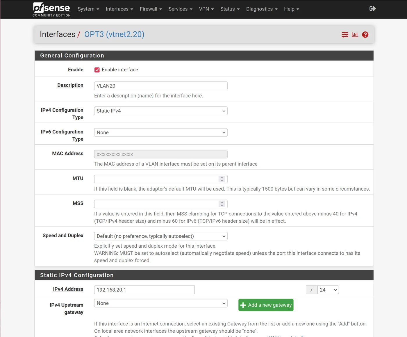 vlan20 - edit general interface configuration