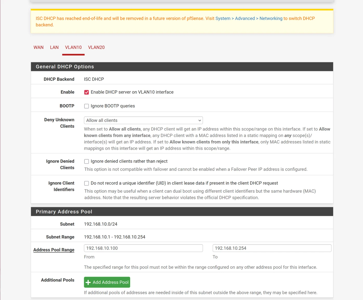 vlan20 - Set DHCP range